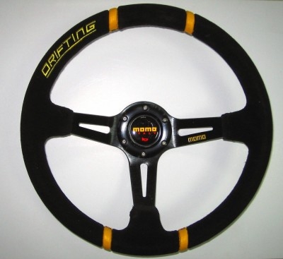 Руль (350 мм) DRIFTING (с выносом), замша, чёрный, с жёлтыми вставками MOMO Style - Тюнинг ВАЗ Лада VIN: (inw-008-Y). 