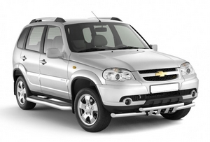 Защита порогов с алюминиевой фигурной площадкой 63мм (НПС) Chevrolet Niva 2009-